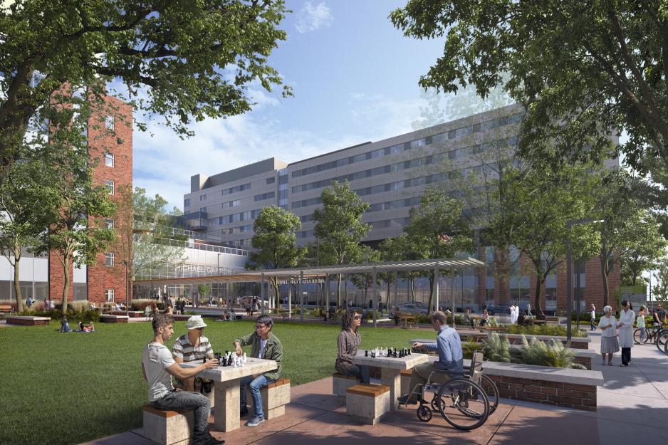Rendering of MGH's new outdoor community hub