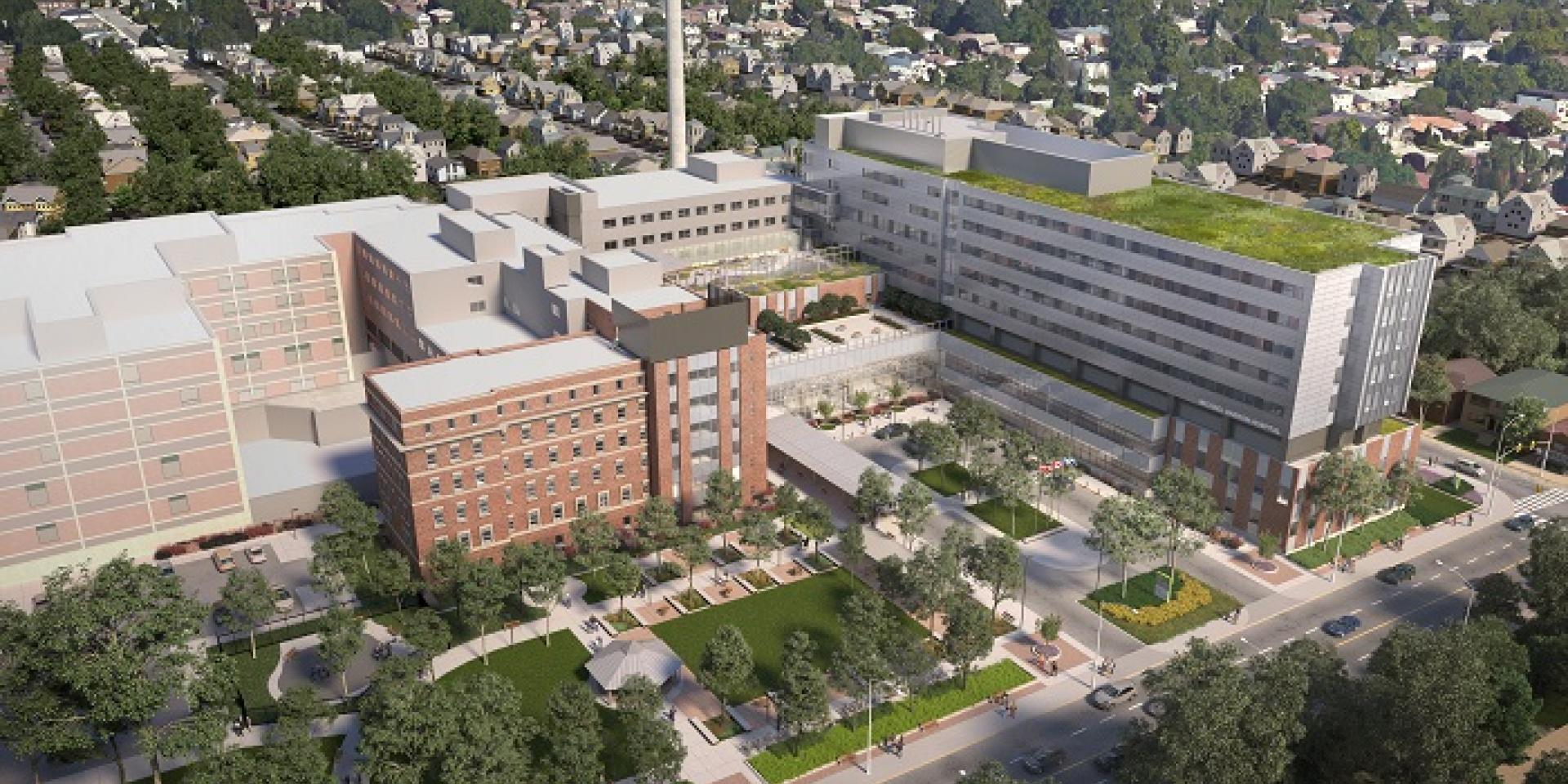 aerial view of architect’s rendering of the new hospital campus