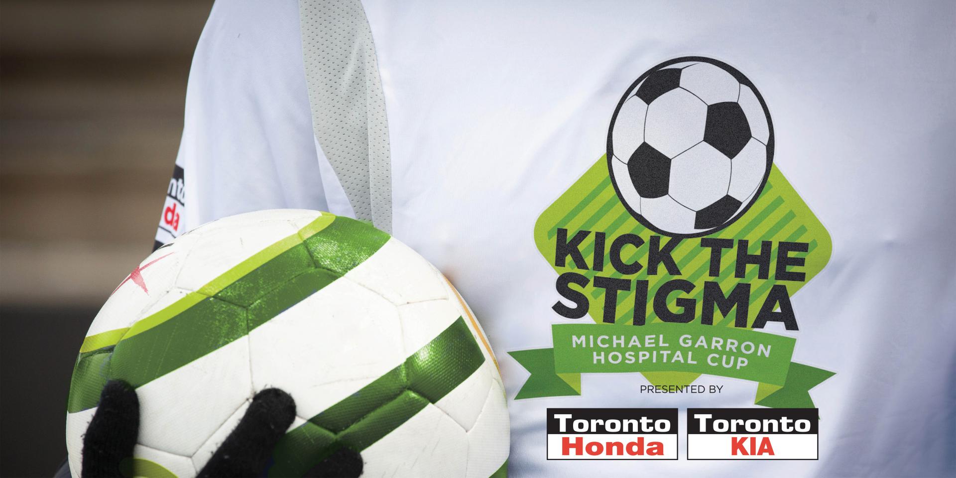 Kick the Stigma logo on t-shirt with soccer ball