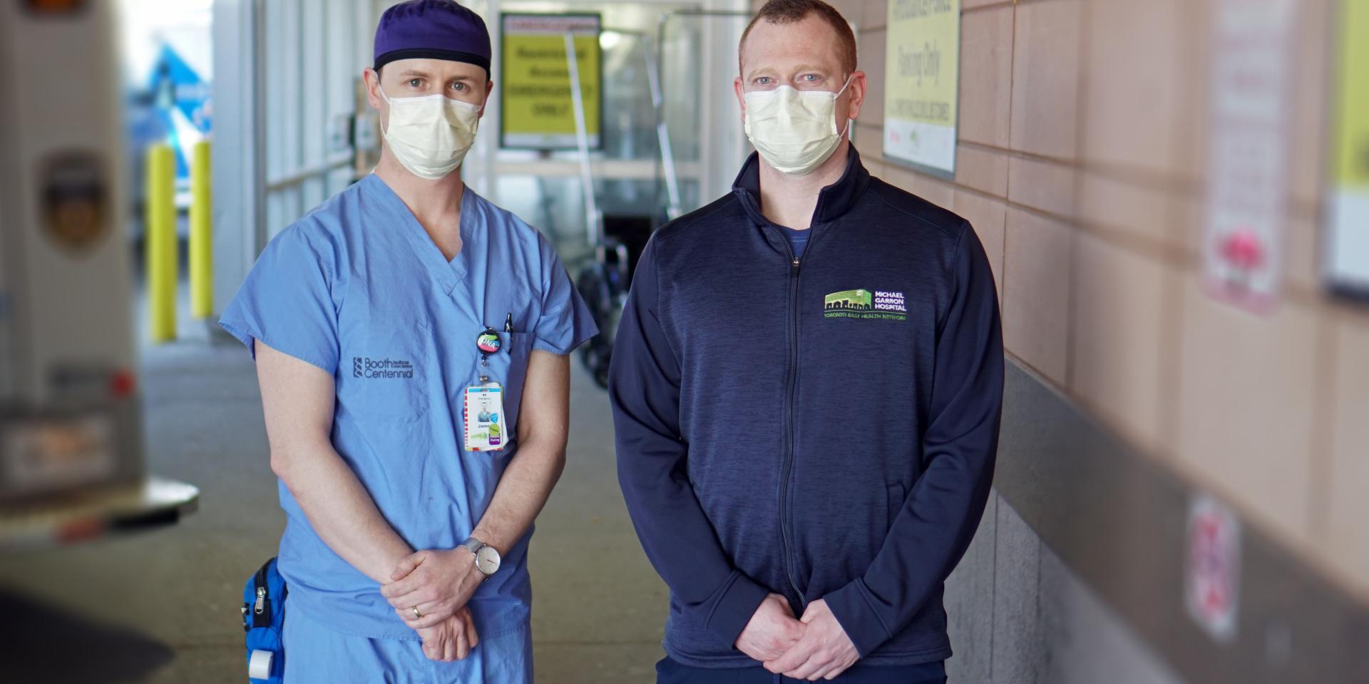 ED nurses with masks standing in hospital corridor