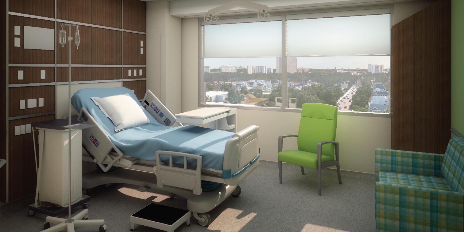 3D rendering of a patient room with a large window streaming in sunlight. It contains a hospital bed, a chair and a couch.