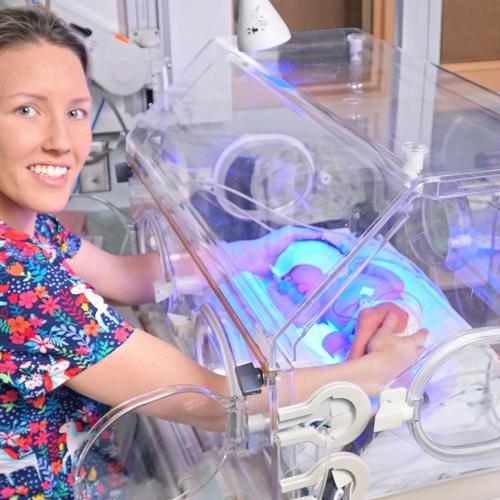 Monica Ferneyhough, RN, caring for one of our almost 3,000 babies born annually, in the special care nursery.