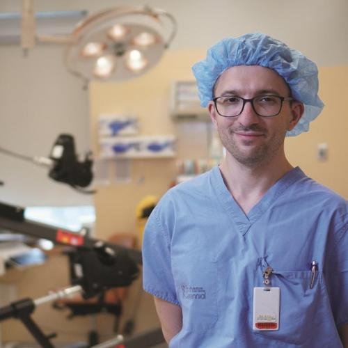 Dr. Tsvetkov with the Hana® table, a specially-designed operating table that enables surgeons to position patients facing upward. Because of donor support, residents who need hip replacement surgery get their lives back sooner.