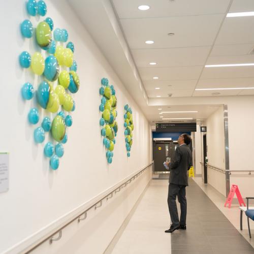 person standing in hallway admiring a wall filled with hand blown glass orbs engraved with donor names.