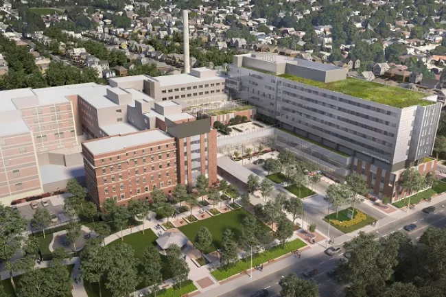 aerial view of architect’s rendering of the new hospital campus