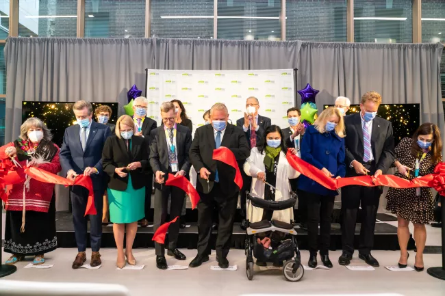 Ceremonial ribbon cutting at the opening of the Ken & Marilyn Thomson Patient Care Centre. Ceremonial ribbon cutting at the Ken and Marilyn Thomson Patient Care Centre, with honoured guests such as Premier Doug Ford, Mayor John Tory and transformative donors Peter and Diana Thomson.