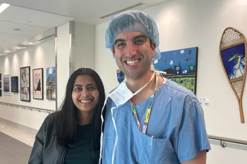 Urooj Siddiqui and anesthesiologist Dr. Joobin Sattar smiling in the hospital