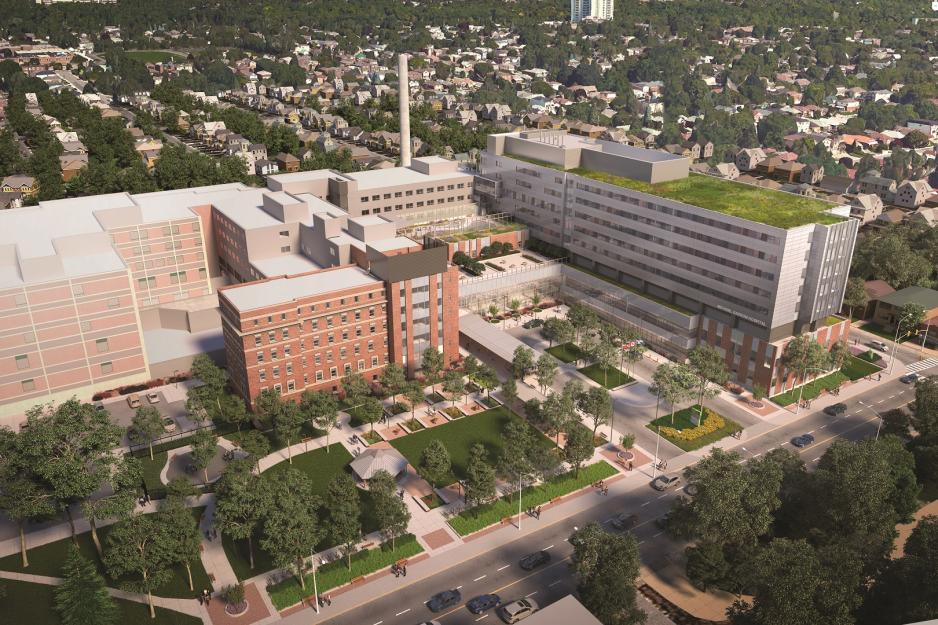 Aerial architect's rendering of the redeveloped Michael Garron Hospital campus