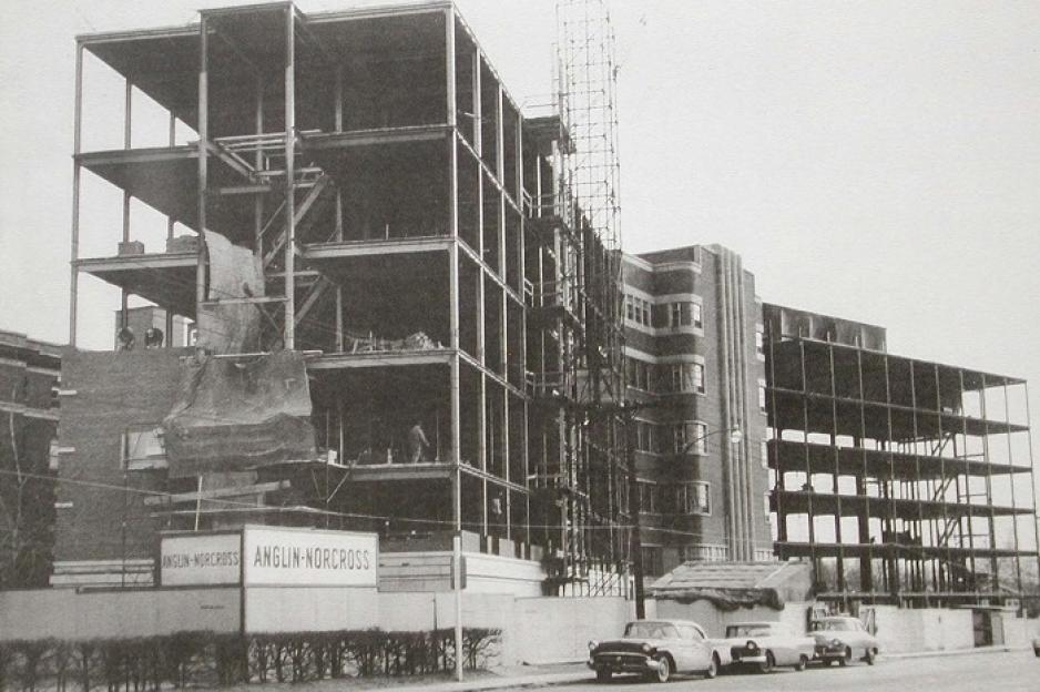 hospital wing under construction with scaffolding in 1959