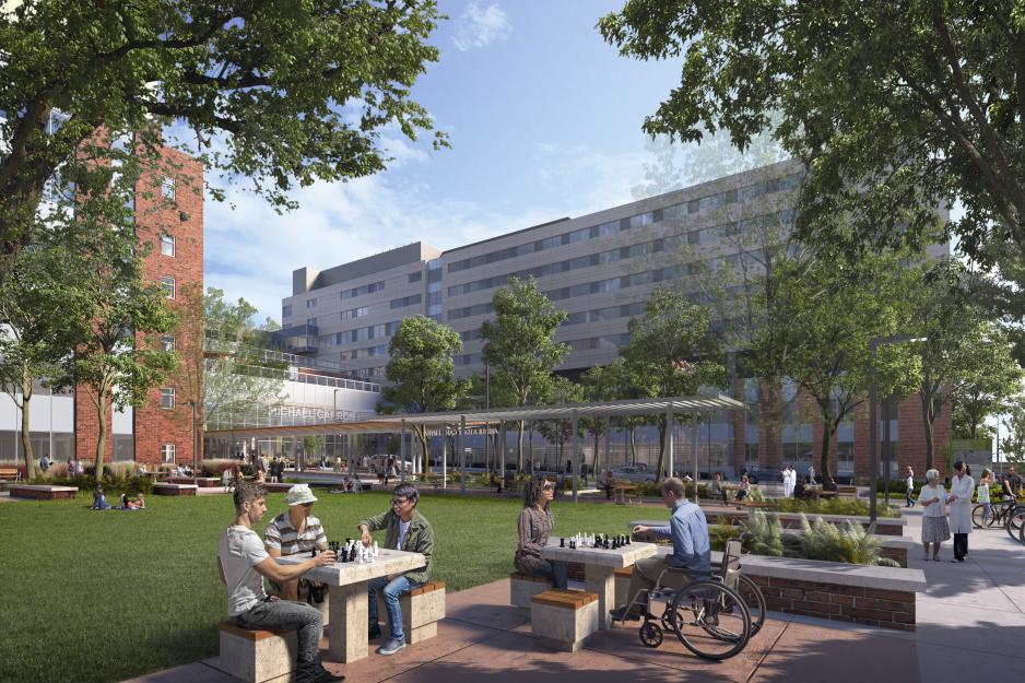 MGH Redevelopment Outdoor Community Hub Rendering of MGH's new outdoor community hub