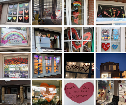 East Toronto homes and storefronts with hearts for healthcare workers
